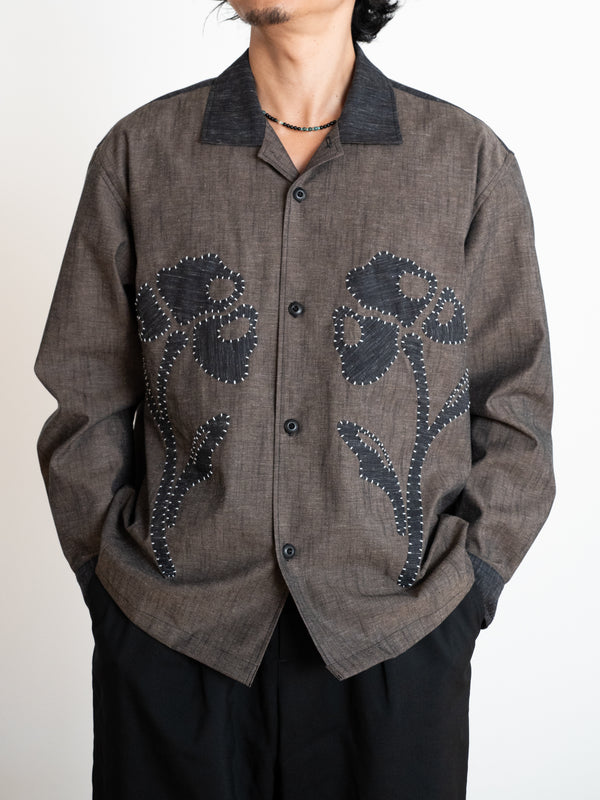 Hand-stitched Sashiko Shirt with Flower Motif No.032
