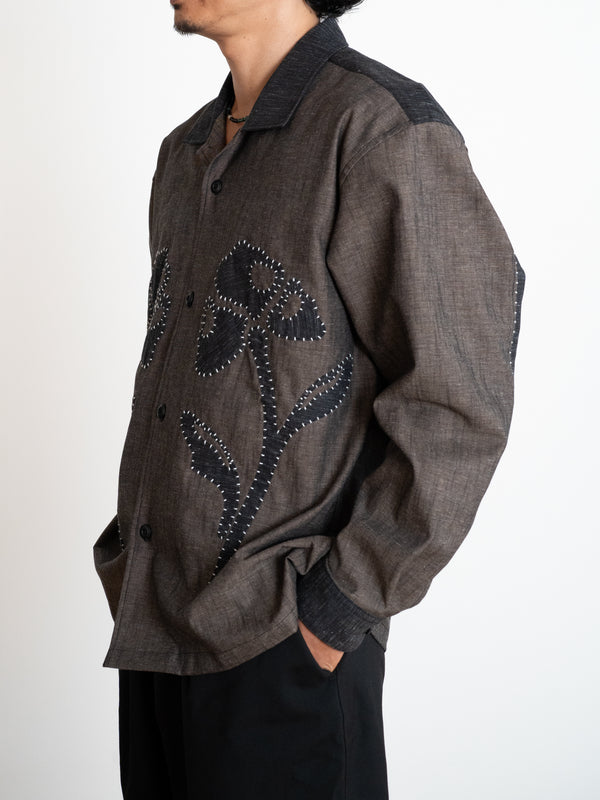 Hand-stitched Sashiko Shirt with Flower Motif No.032