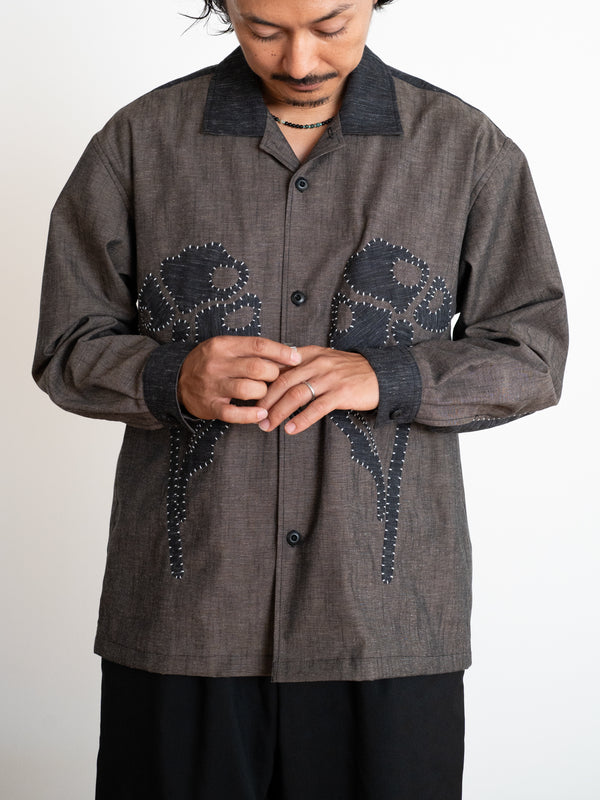 Hand-stitched Sashiko Shirt with Flower Motif No.032
