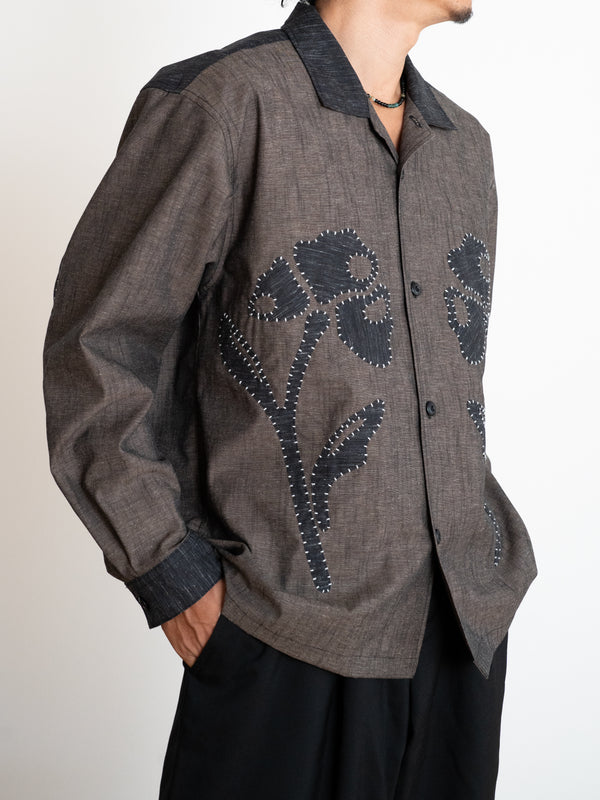 Hand-stitched Sashiko Shirt with Flower Motif No.032