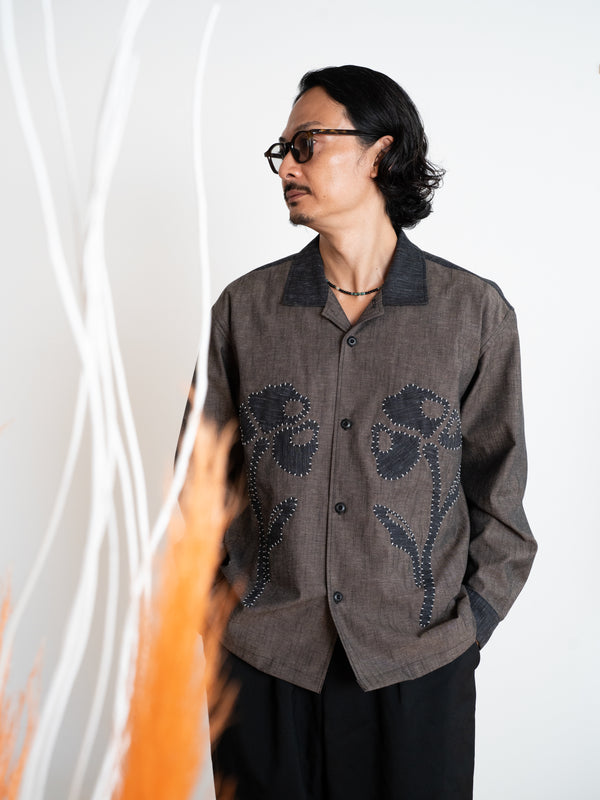 Hand-stitched Sashiko Shirt with Flower Motif No.032