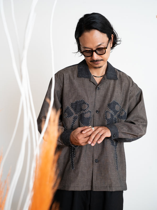 Hand-stitched Sashiko Shirt with Flower Motif No.032