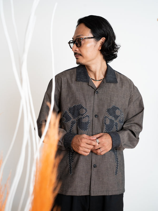 Hand-stitched Sashiko Shirt with Flower Motif No.032