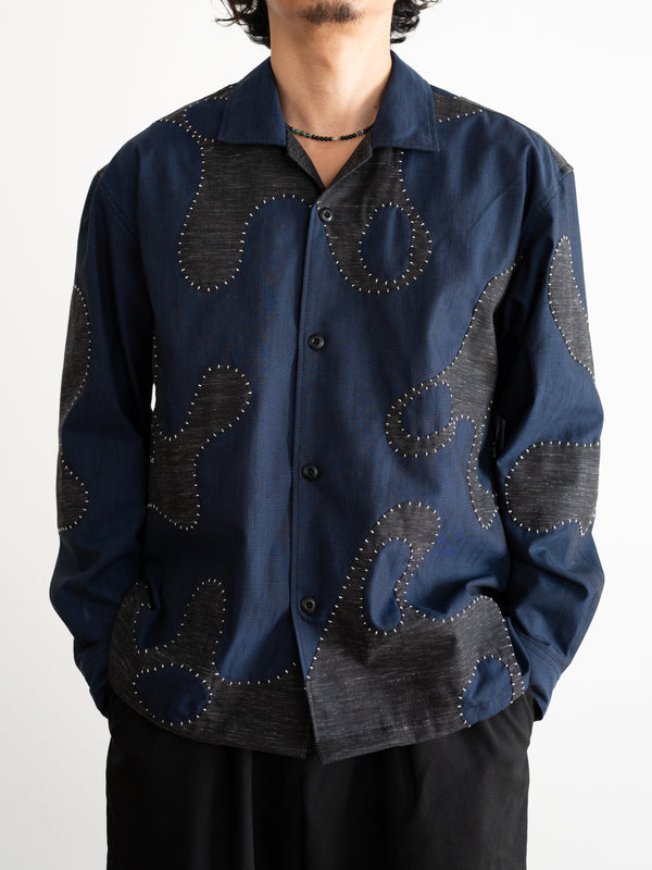 Hand-stitched Sashiko Shirt with Wave Motif No.033