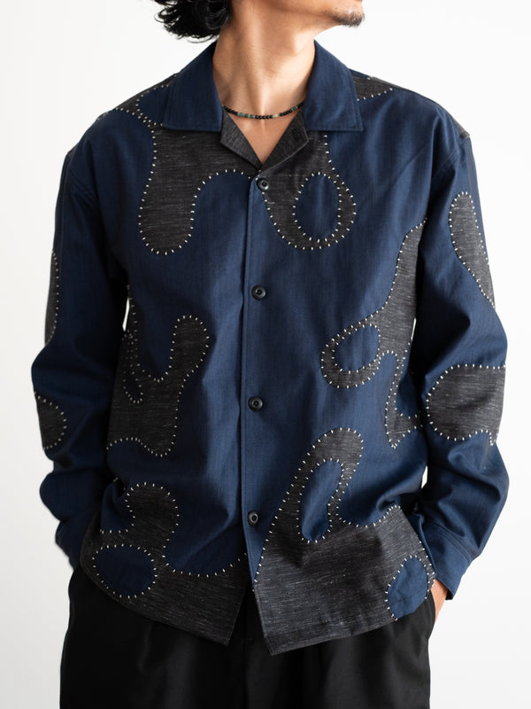 Hand-stitched Sashiko Shirt with Wave Motif No.033