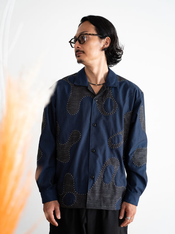 Hand-stitched Sashiko Shirt with Wave Motif No.033