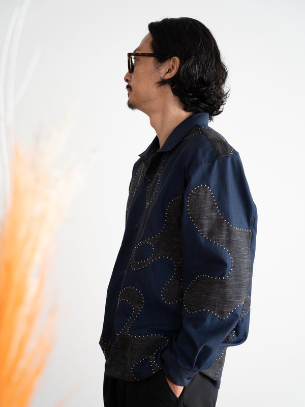 Hand-stitched Sashiko Shirt with Wave Motif No.033