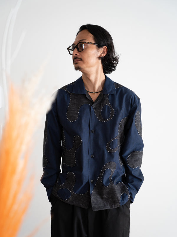 Hand-stitched Sashiko Shirt with Wave Motif No.033