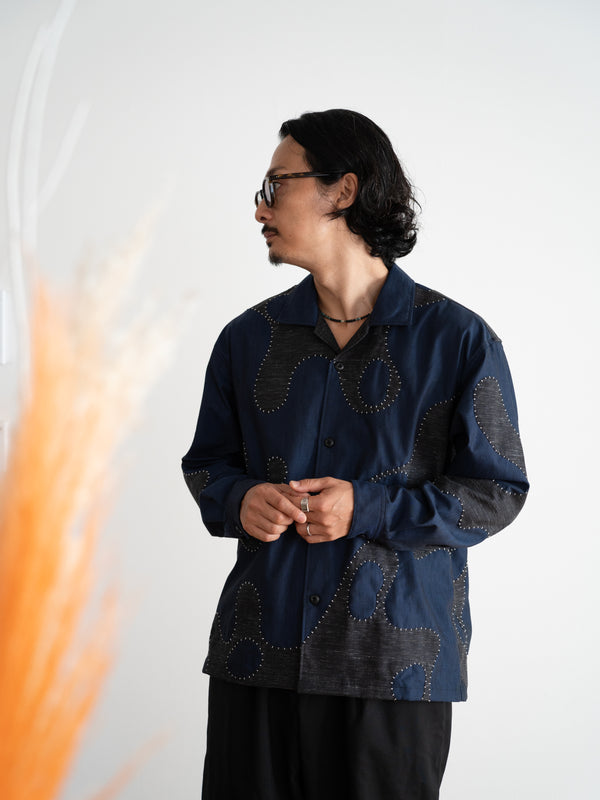 Hand-stitched Sashiko Shirt with Wave Motif No.033
