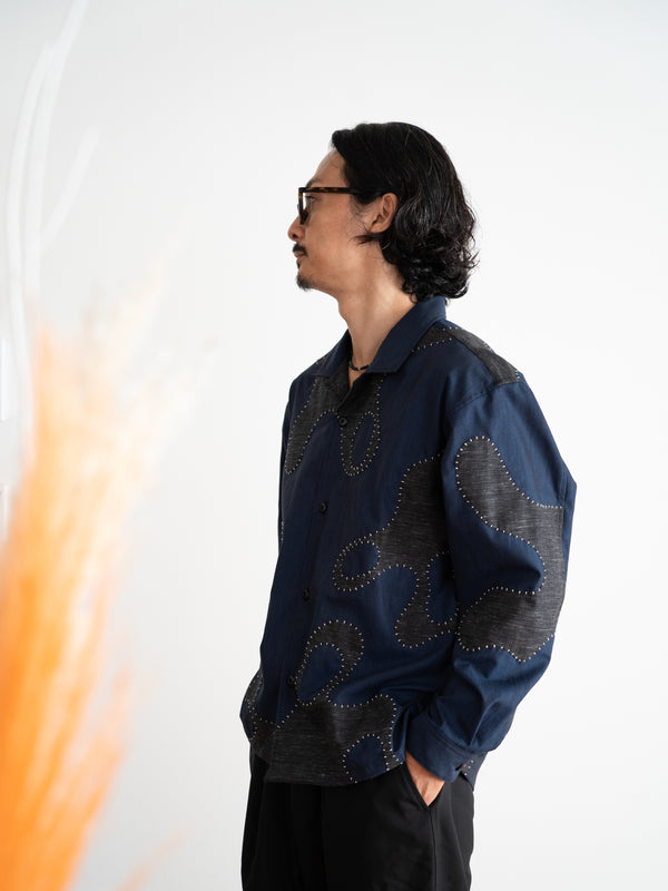 Hand-stitched Sashiko Shirt with Wave Motif No.033