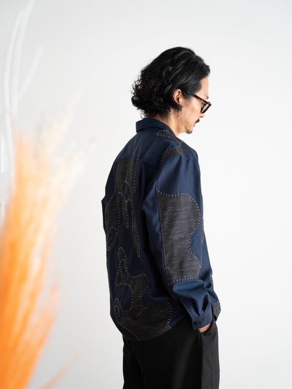 Hand-stitched Sashiko Shirt with Wave Motif No.033