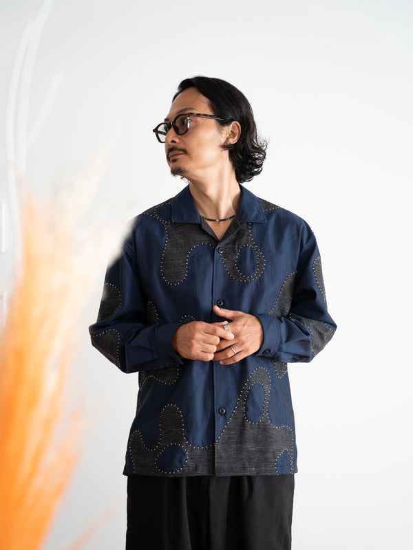 Hand-stitched Sashiko Shirt with Wave Motif No.033