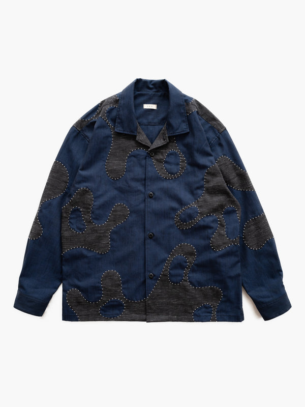 Hand-stitched Sashiko Shirt with Wave Motif No.033