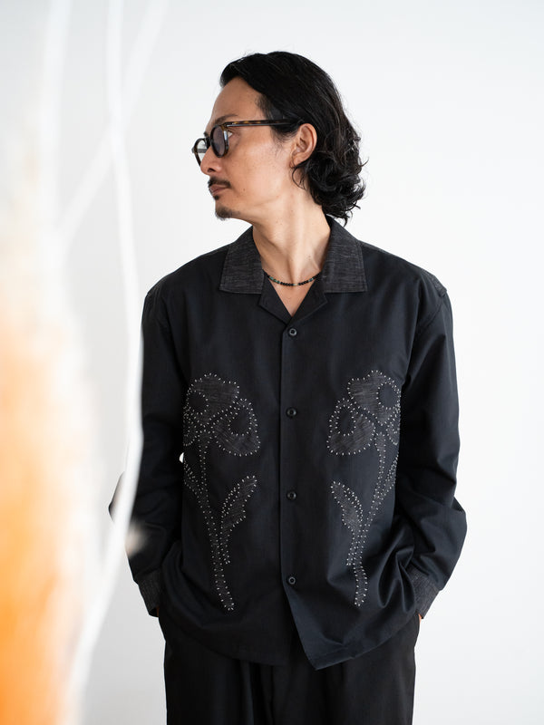 Hand-stitched Sashiko Shirt with Flower Motif No.034