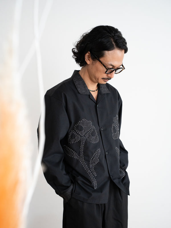 Hand-stitched Sashiko Shirt with Flower Motif No.034