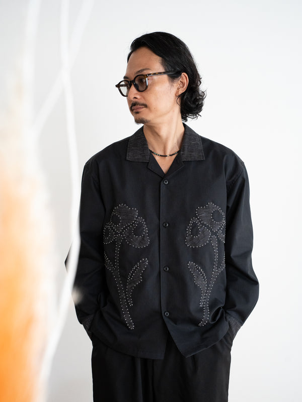 Hand-stitched Sashiko Shirt with Flower Motif No.034