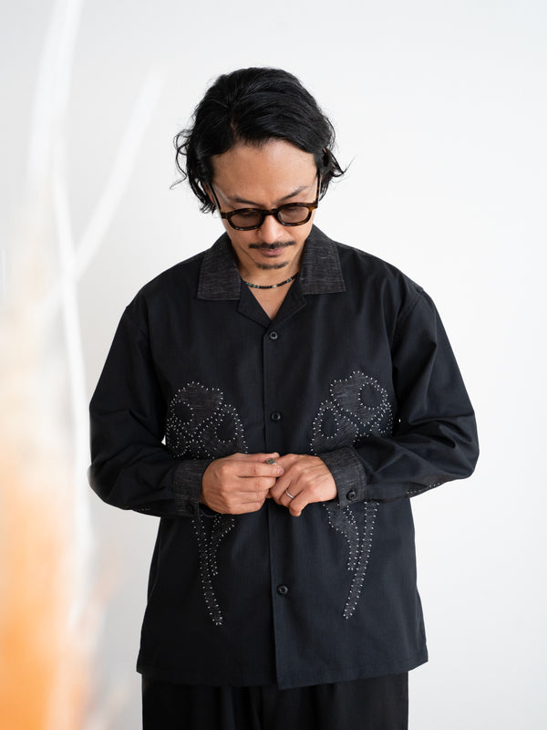 Hand-stitched Sashiko Shirt with Flower Motif No.034