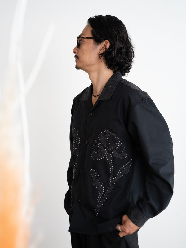 Hand-stitched Sashiko Shirt with Flower Motif No.034