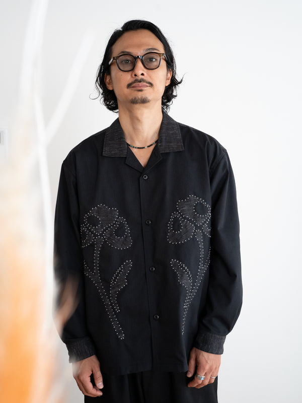 Hand-stitched Sashiko Shirt with Flower Motif No.034