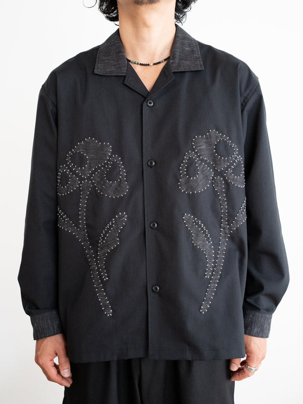 Hand-stitched Sashiko Shirt with Flower Motif No.034