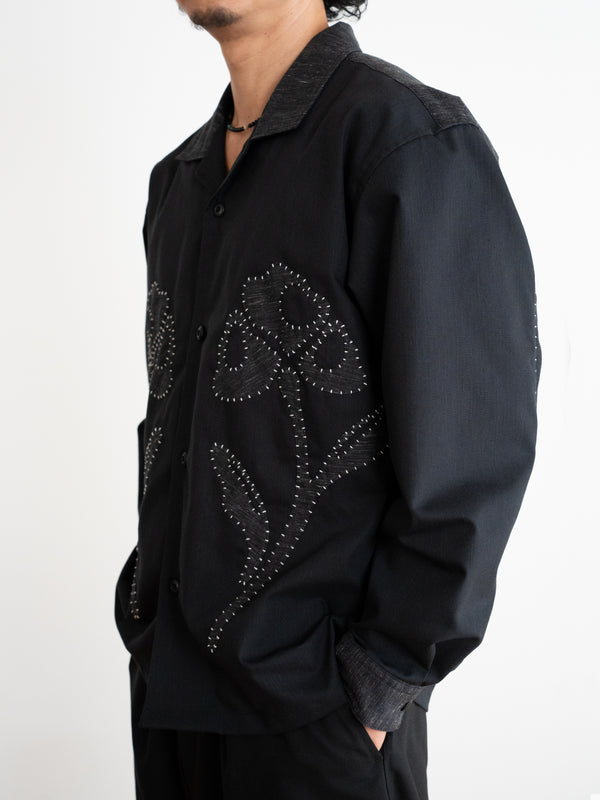 Hand-stitched Sashiko Shirt with Flower Motif No.034