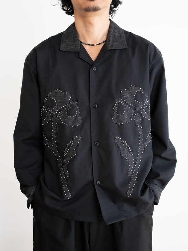 Hand-stitched Sashiko Shirt with Flower Motif No.034