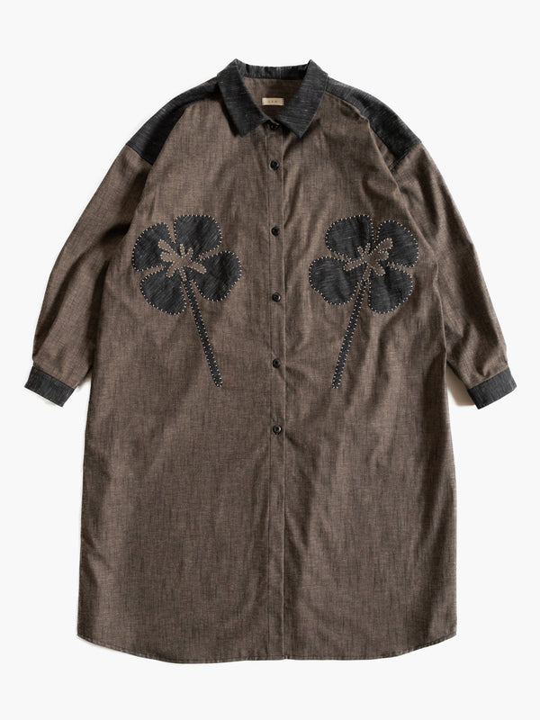 Hand-stitched Sashiko Shirt Dress with Clover Motif No.036