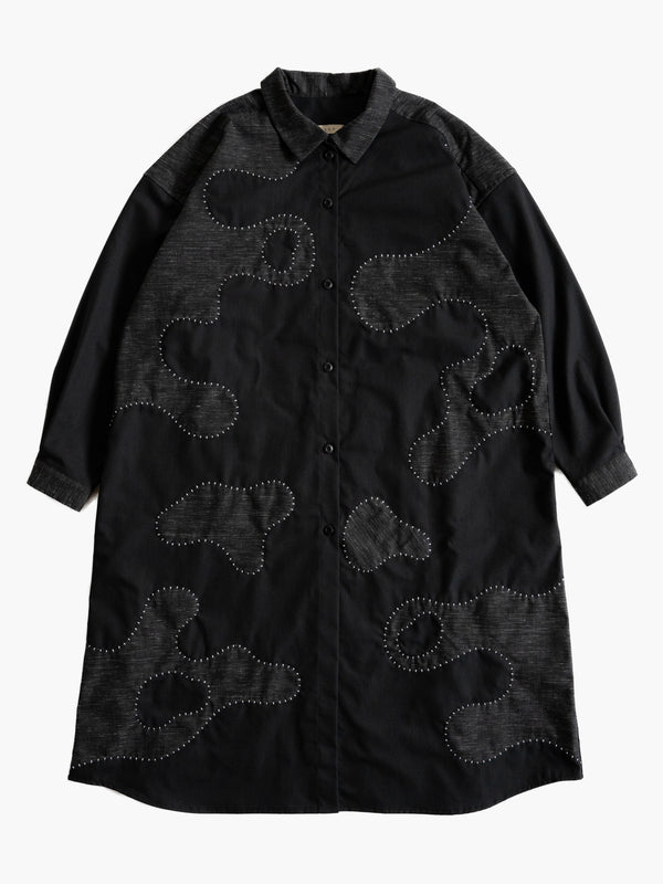 Hand-stitched Sashiko Shirt Dress with Wave Motif No.037