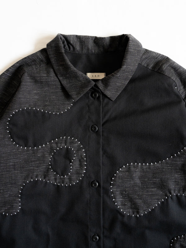 Hand-stitched Sashiko Shirt Dress with Wave Motif No.037