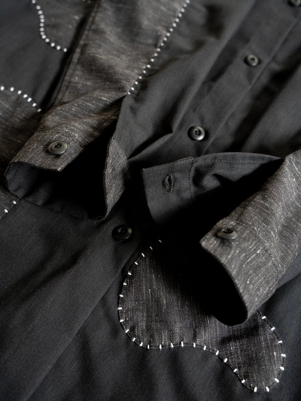 Hand-stitched Sashiko Shirt Dress with Wave Motif No.037