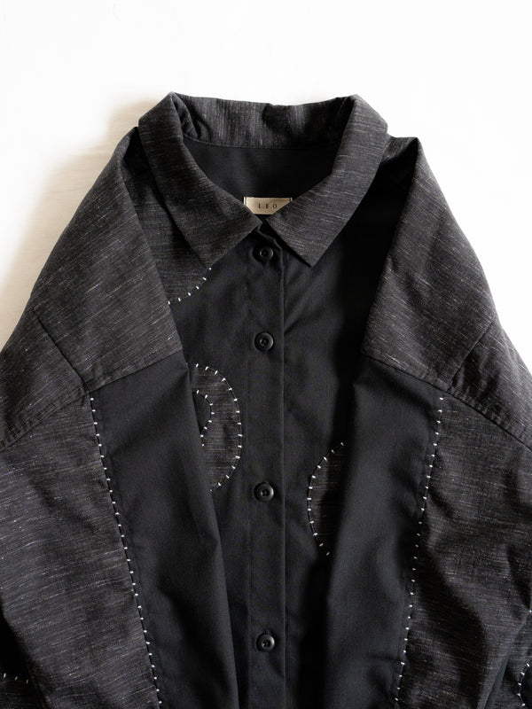 Hand-stitched Sashiko Shirt Dress with Wave Motif No.037