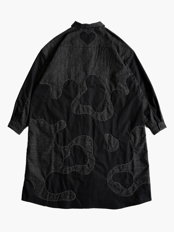 Hand-stitched Sashiko Shirt Dress with Wave Motif No.037