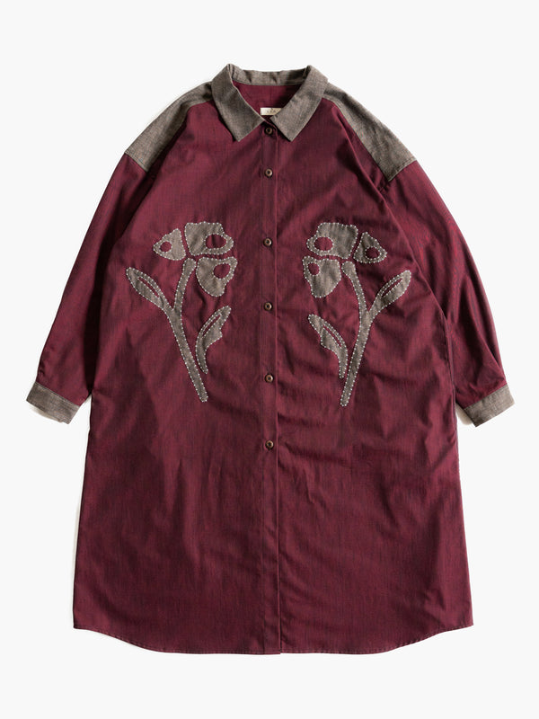 Hand-stitched Sashiko Shirt Dress with Flower Motif No.035