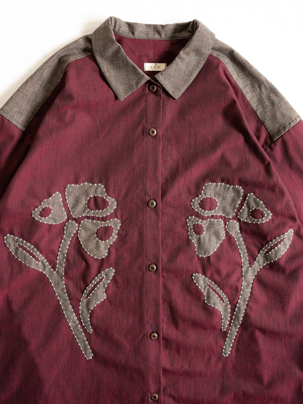 Hand-stitched Sashiko Shirt Dress with Flower Motif No.035