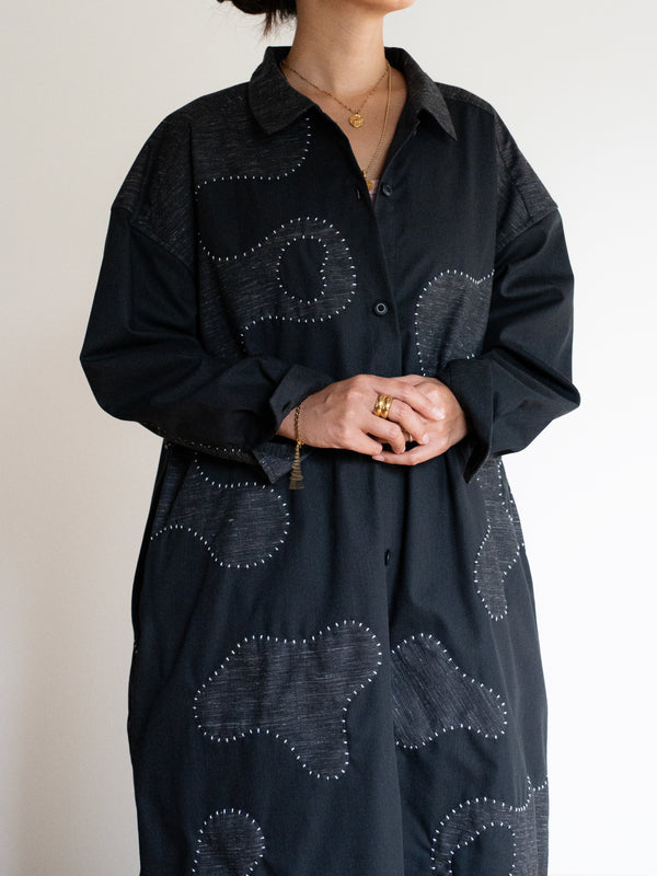 Hand-stitched Sashiko Shirt Dress with Wave Motif No.037