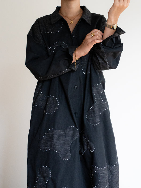Hand-stitched Sashiko Shirt Dress with Wave Motif No.037
