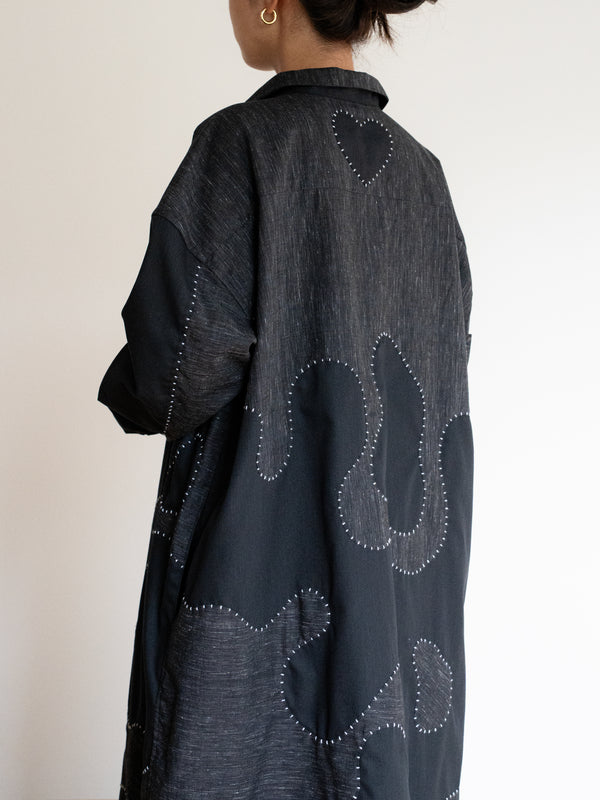 Hand-stitched Sashiko Shirt Dress with Wave Motif No.037
