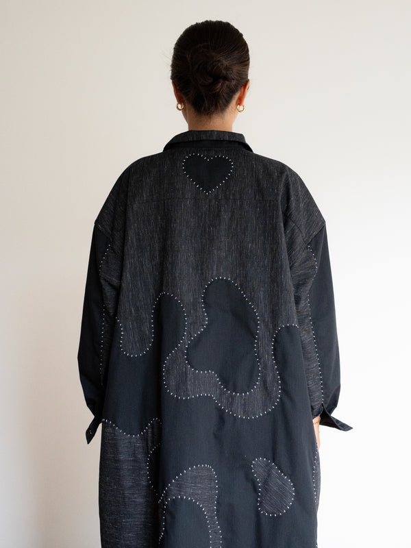 Hand-stitched Sashiko Shirt Dress with Wave Motif No.037