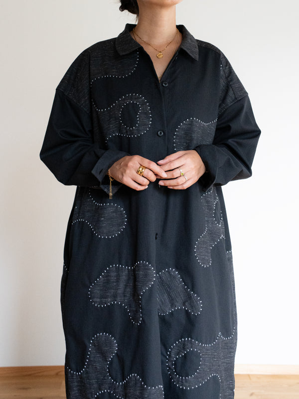 Hand-stitched Sashiko Shirt Dress with Wave Motif No.037