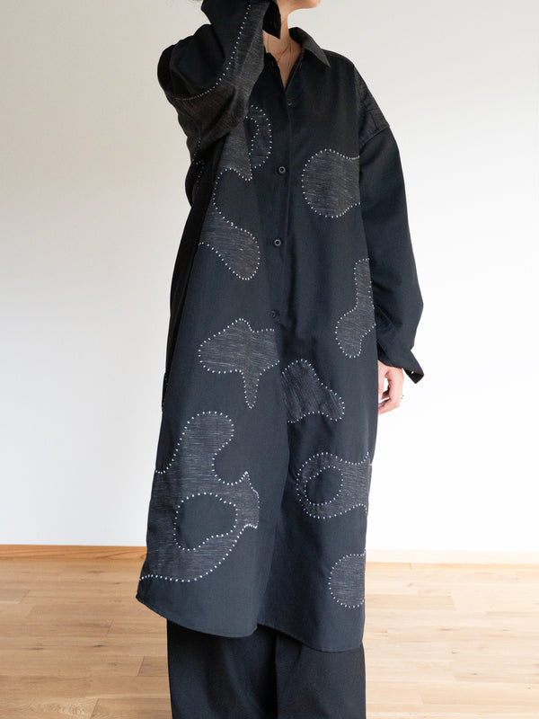 Hand-stitched Sashiko Shirt Dress with Wave Motif No.037