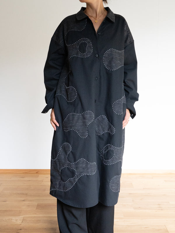 Hand-stitched Sashiko Shirt Dress with Wave Motif No.037