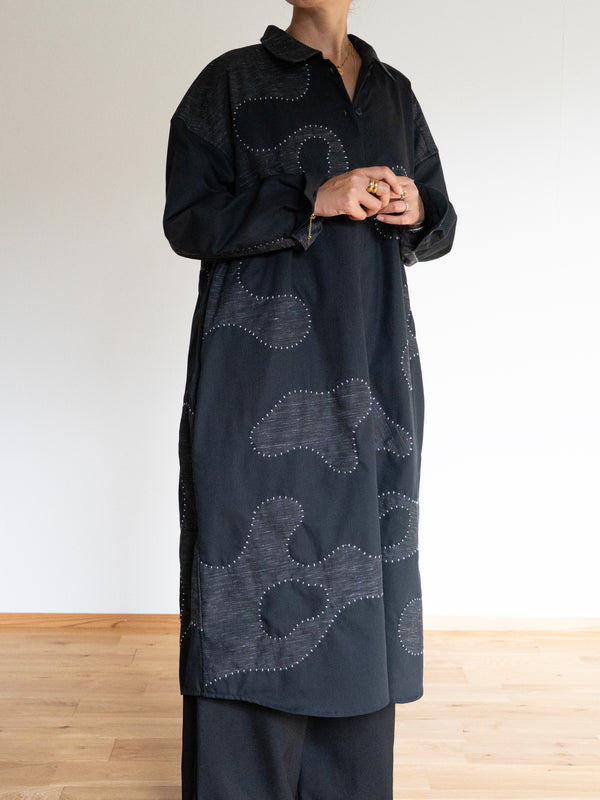Hand-stitched Sashiko Shirt Dress with Wave Motif No.037