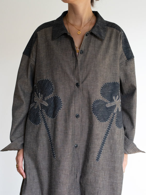 Hand-stitched Sashiko Shirt Dress with Clover Motif No.036