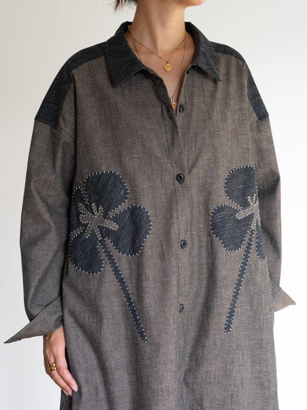 Hand-stitched Sashiko Shirt Dress with Clover Motif No.036
