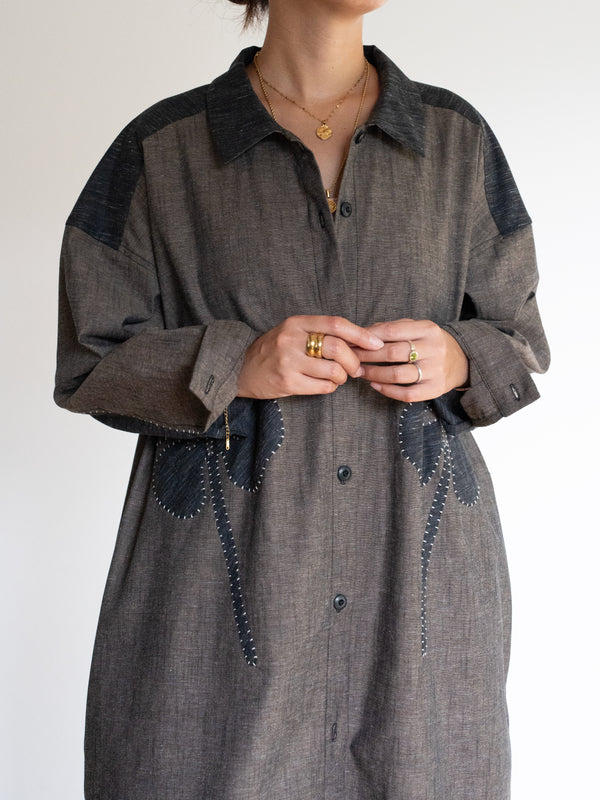 Hand-stitched Sashiko Shirt Dress with Clover Motif No.036