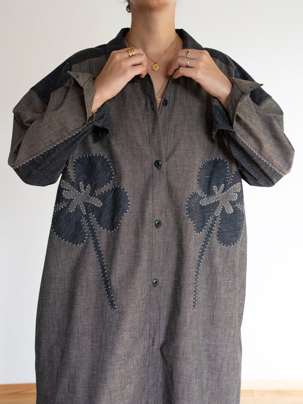 Hand-stitched Sashiko Shirt Dress with Clover Motif No.036