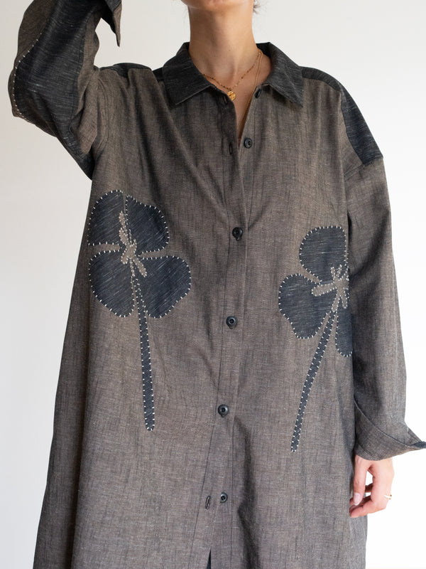 Hand-stitched Sashiko Shirt Dress with Clover Motif No.036
