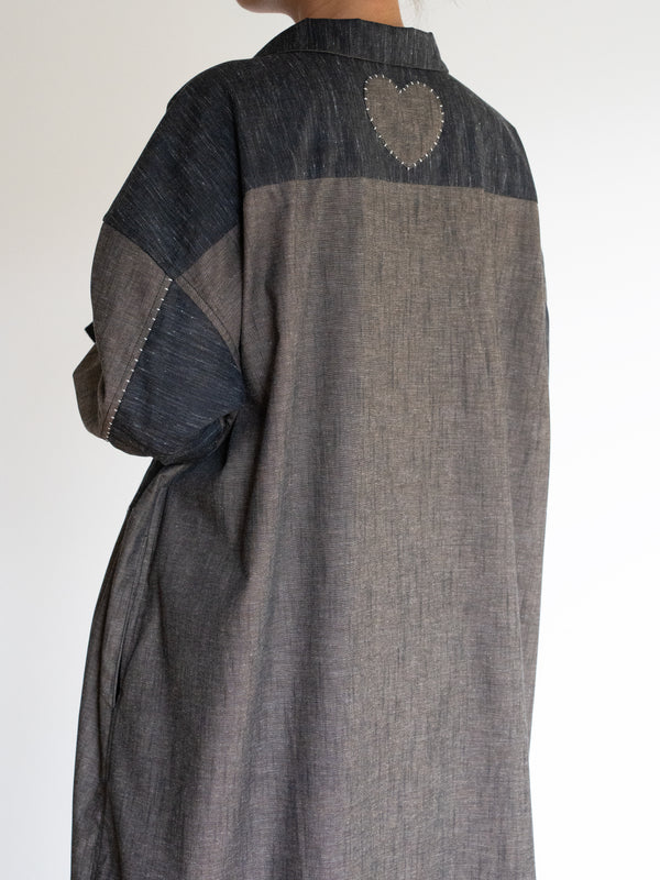 Hand-stitched Sashiko Shirt Dress with Clover Motif No.036