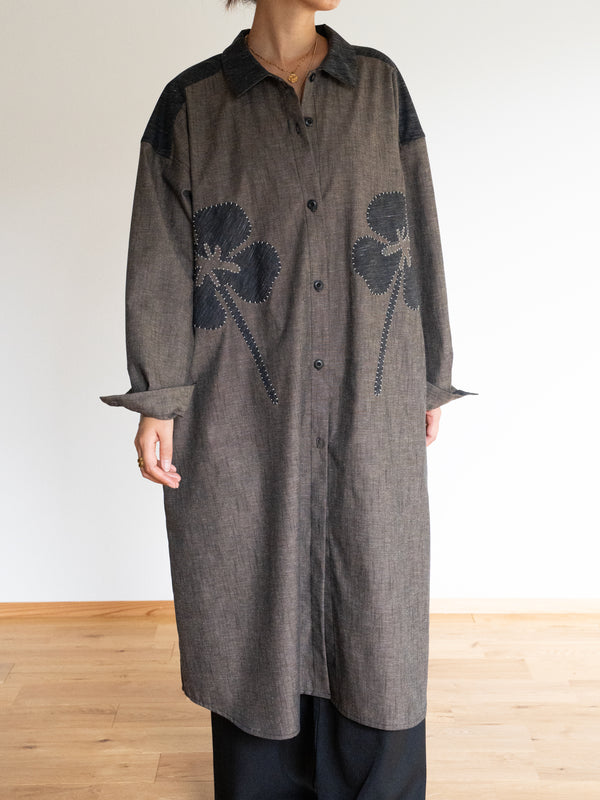 Hand-stitched Sashiko Shirt Dress with Clover Motif No.036