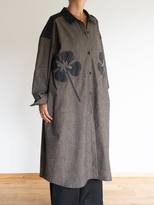 Hand-stitched Sashiko Shirt Dress with Clover Motif No.036